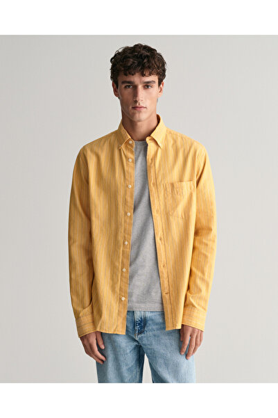 Gant Erkek Sarı Regular Fit Düğmeli Yaka Çizgili Oxford Gömlek
