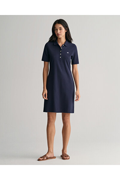 Gant Kadın Lacivert Slim Fit Polo Yaka Logolu Elbise