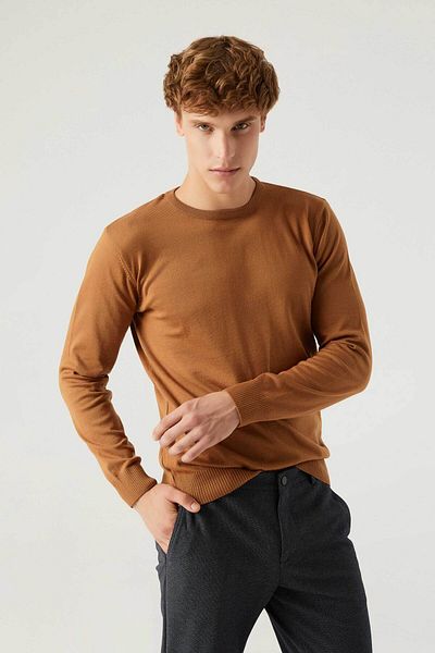 D'S Damat Pletený sveter Regular Fit Camel s nežmolkujúcim výstrihom