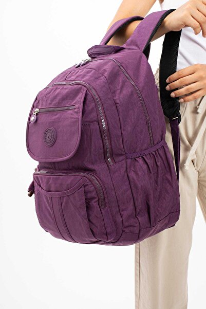 DUOMİNO Crinkle Fabric Water Resistant Large Size Purple Clinker Backpack/laptop Travel School Bag