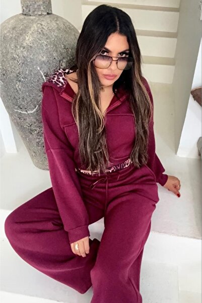 EGZOTİK ASORTİK Leopard Detailed Hooded Sweat Pants Set