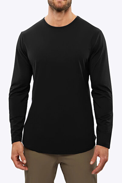 QMARI Bisiklet Yaka Uzun Kollu Siyah Erkek Tişört - Regular Fit - Oval Etek K...
