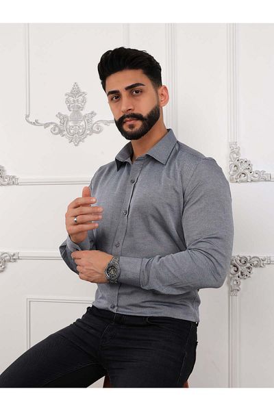 AKSAHİN COLLECTİON Gray Premium Quality Long Sleeve Classic Men's Shirt