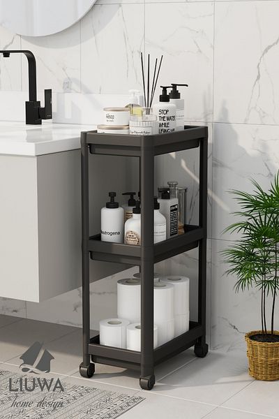 LIUWA Peggy 3-Tier Organizer - Kitchen Shelf with Wheels, Bathroom Shelf, under Counter and under Sink Detergent Holder (Black)