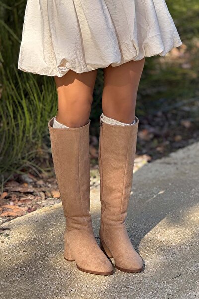 NİŞANTAŞI SHOES Christa Nude Suede - Női tompa orrú sarkú csizma