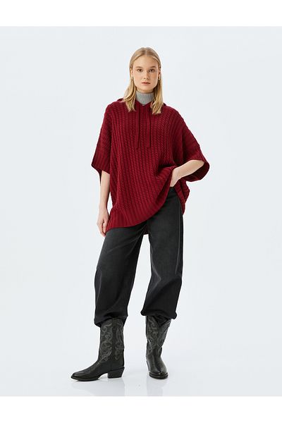 Koton Knitted Textured Oversize Knitwear - Hooded Short Sleeve