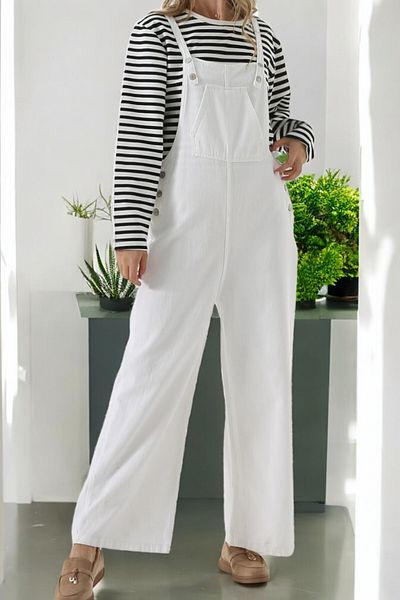 Flow Mi̇sseale Linen Jumpsuit with Snap Button Adjust Pocket Detail