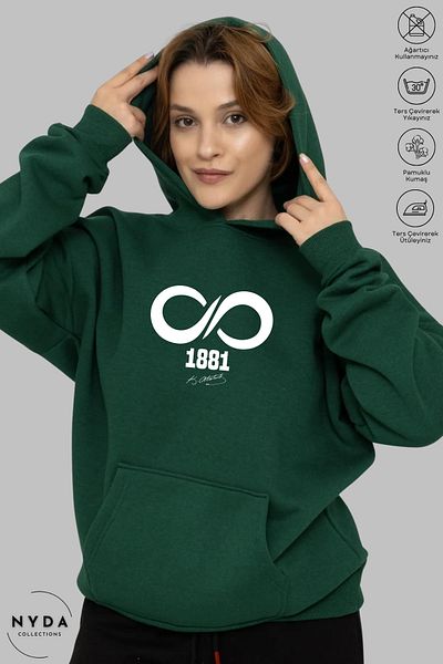 Nyda Collections Φούτερ με κουκούλα Ataturk 1881 με στάμπα Unisex - Μακρυμάνικο, Raster, Oversize βαμβακερό