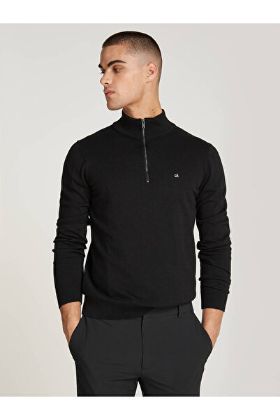 Calvin Klein Erkek Yarım Fermuarlı Dik Yaka Regular Fit Uzun Kollu Siyah Kazak K10K113748-BEH