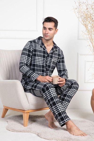 Mecit Pijama Мъжки зимен пижамен комплект Mecit 2950 с бял каре, голям размер