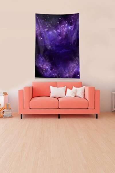 Pelangi Mor Galaksi Desenli Leke Tutmaz Kadife Kumaş Duvar Örtüsü Duvar Halıs...