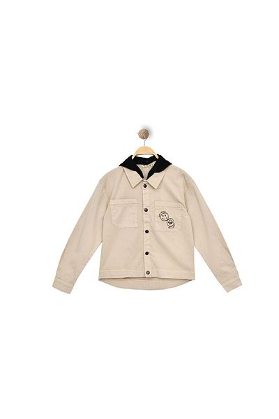 TRENDİMİZBİR Boy Be Happy Written Hooded Pocket Denim Jacket Cream