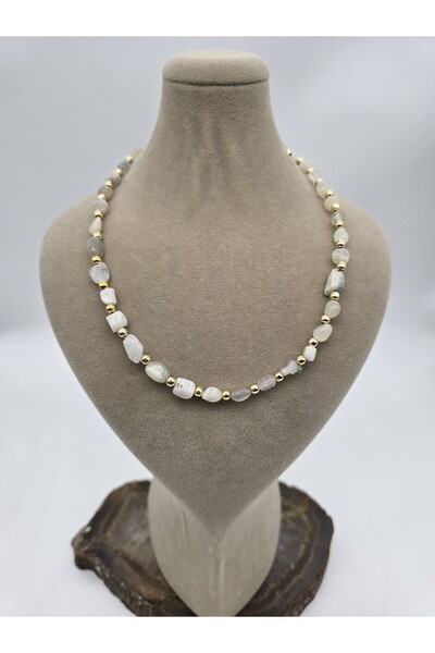 NBS Beautiful Naturel Stones Ay Taşı Gerçek Doğal Taş Kolye 40 cm Zarif ( Alt...