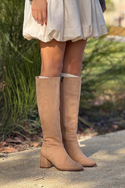 NİŞANTAŞI SHOES Christa Nude Suede - Női tompa orrú sarkú csizma