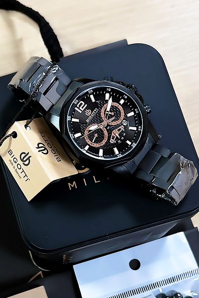 Bigotti Custom Boxed Waterproof Men Wristwatch Black Color Steel Band Gift Bracelet Bme2015C3