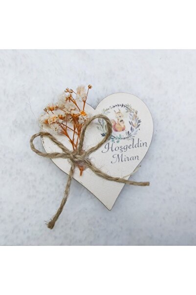 Hayaller Dükkanı 30 Adet Ahşap Kalp UV Baskılı Kuru Çiçek Süslü Bebek şekeri ...