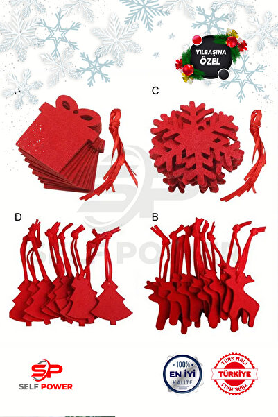 Self Power Keçe Noel Süsleri Seti - Geyik & Kar Tanesi Tasarımları ile Asma İpi ile Ağaç ve Tatil Dekoru