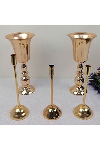 Hayaller Dükkanı 2 Vazo ve 3 lü Mumluk Seti Masa Üstü Söz Nişan Seti-Altın