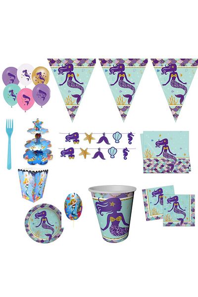 Hayaller Dükkanı Mermaid Birthday Party Set for 16 - Ornaments and Supplies Full Fatigue