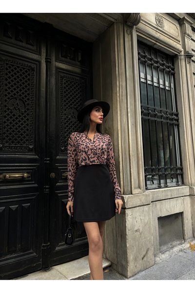 JANES Γυναικείο μακρυμάνικο φόρεμα με διπλό γιακά κρεπ μίνι μέγεθος