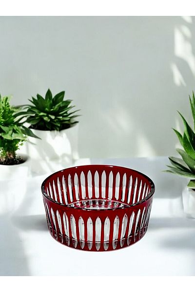 Paşabahçe Crystal Cuth Hand Crawn 19cm Red Footless Bowl
