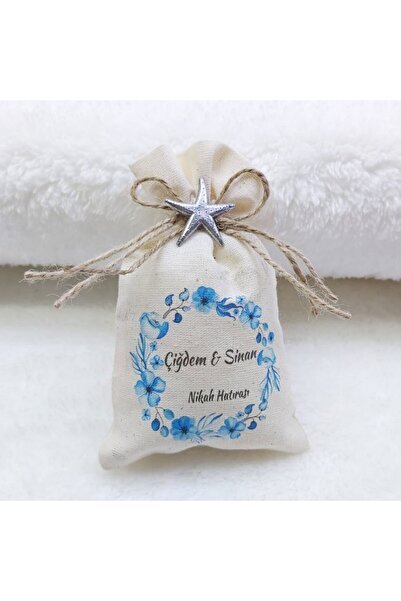 Hayaller Dükkanı 30 Adet Mavi Çiçek Baskılı Kişiye Özel Baskılı Keten Kese Ni...