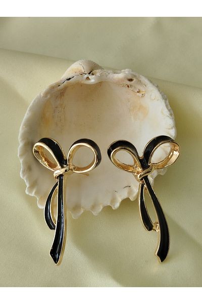 İPAR AKSESUAR Metal Gold Black Earring with Bow Mini