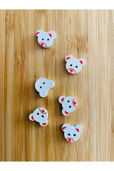 Kartopu White Painted Patterned Shaped Wood Button 11mm X 14mm. Pack of 6. Teddy Bear.