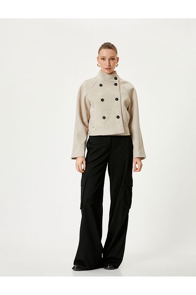 Koton Double Breasted Short Jacket with Stand Collar - Buttoned Pocket Detail