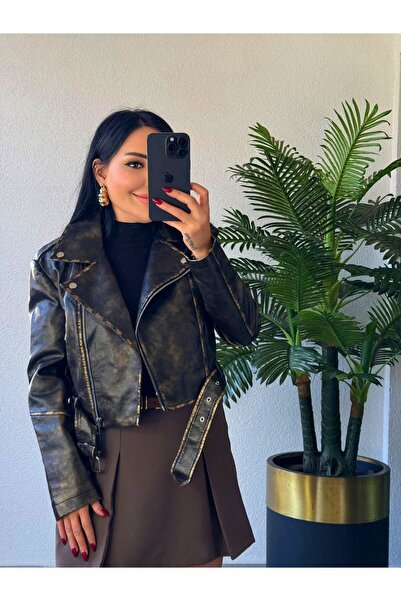 KADIN KAHVERENGİ ESKİTME MODEL DERİ CEKET