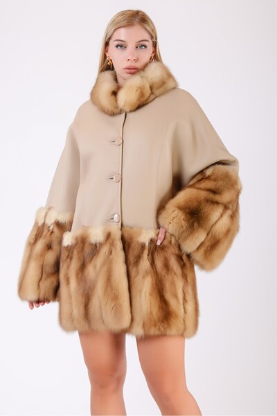 Leather Club Bej Kürk Aksesuarlı Hakiki Deri Kaban