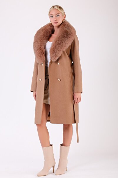 Leather Club Camel Fox Kürk Aksesuarlı Kaşmir Kaban
