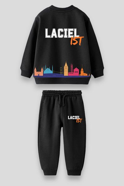 Magu Istanbul Patterned Black Cotton Sweatshirt and Sweatpants Set - Unisex Winter Set