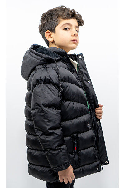 FREE ARSLAN COLLECTİON Erkek Çocuk Mont Kürklü Peluş Astarlı Çıkarılabilir Kapüşonlu Siyah Mont