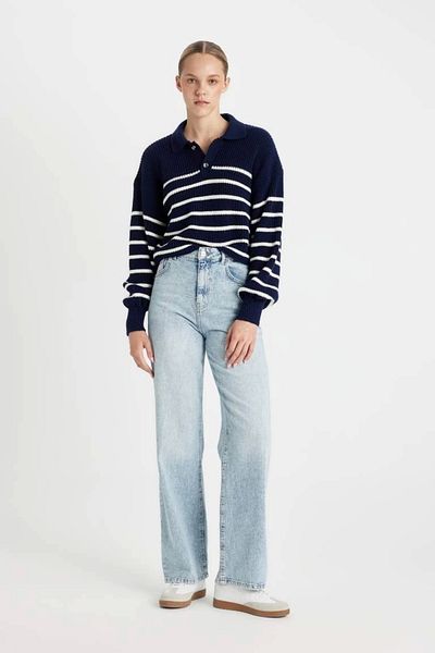 DeFacto Coool Relax Fit Polo Collar Half Button Striped Knitwear Sweater C4918Ax24Wn