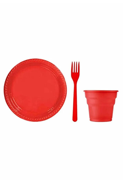 Genel Markalar Kırmızı Renk Plastik Tabak, Bardak, Çatal Seti Parti Piknik Seti