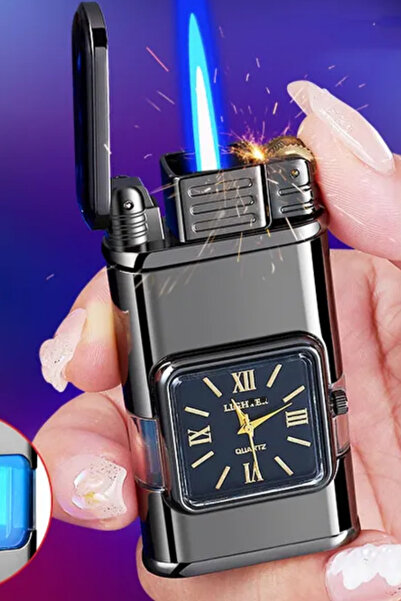 flabox Şık Tasarım Saatli Çakmak Metal Gövde Işıklı Saatli Çakmak Turbo Gazlı Çakmak
