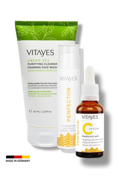 VITAYES Yüz Temizleyici Jeli + Göz Çevresi Serumu + C Vitamini Leke Karşıtı C...