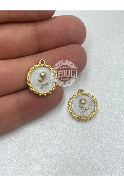 Ebruli Boncuk Gül İşlemeli Altın Rengi Kolye Ucu Çelik Yuvarlak Takı Aksesuar...
