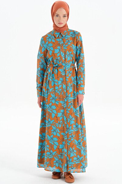 Tuğba Beli Kuşaklı Desenli Elbise - Kahve