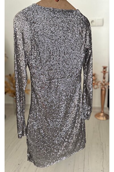 Arestill Pullu Payetli, Kruvaze Yaka, Yandan Drapeli, Mini Elbise