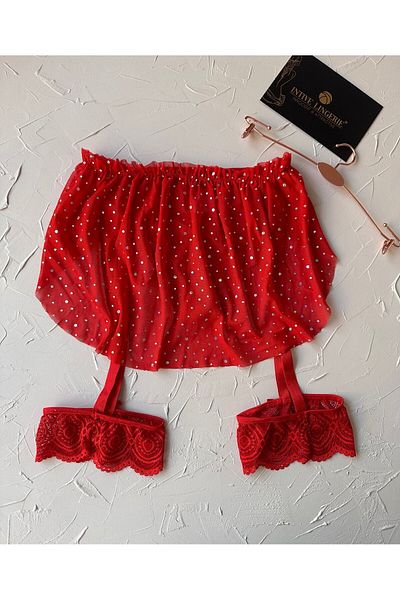 İntive Lingerie Intive Women's Red Transparent Sequin Garter Leg Accessory String Skirt Suit