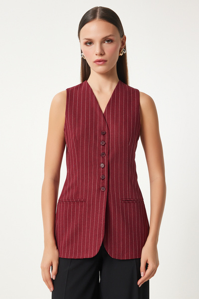 Lovelyİstanbul Vestă țesătă cu dungi - Detaliu de buzunar din flanel, Roșu Cl...