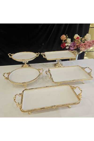 MaviDamla 5 PARÇA KULPLU DÖKÜM KENAR ÇERCEVELİ PORSELEN SUNUM SETİ GOLD