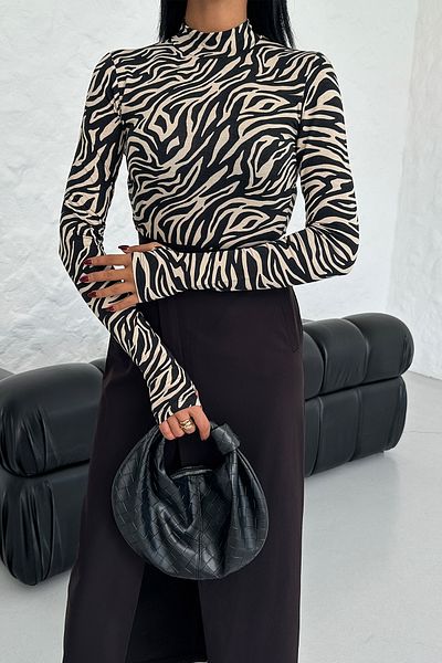 LACHT Γυναικεία Μπεζ Ζέβρα New Season Viscose Finger Snap Λεπτομερής όρθια μπλούζα γιακά