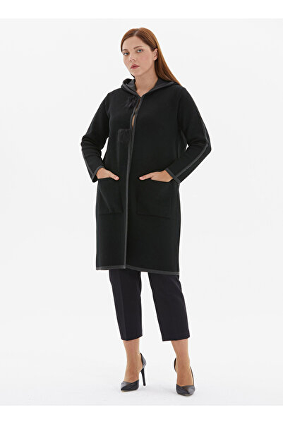 Selen Siyah Kadın Kapüşon Normal Düz Hırka 24KSL4116-BB Beden: 46