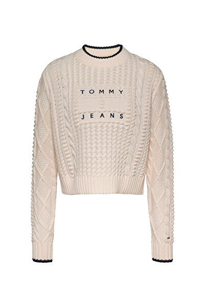 Tommy Jeans White Round Neck Embroidery Sweater - Tjw Bubble Cable Flag Crew ...