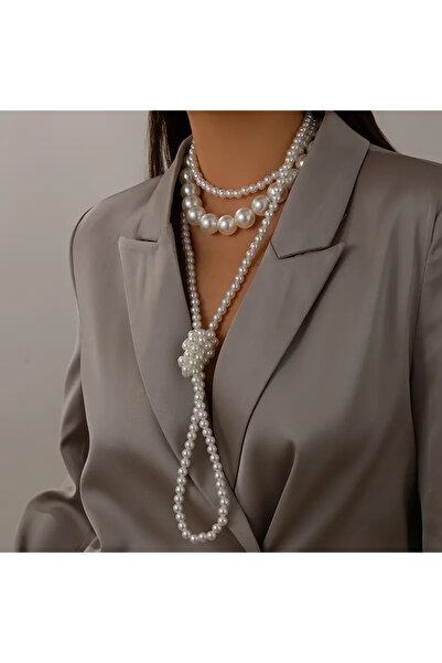 Lovisa EL EMEĞİ 2 PARÇA KOLYE, BÜYÜK İNCİ BONCUK VE UZUN TEK SIRA KOLYE, BİLE...