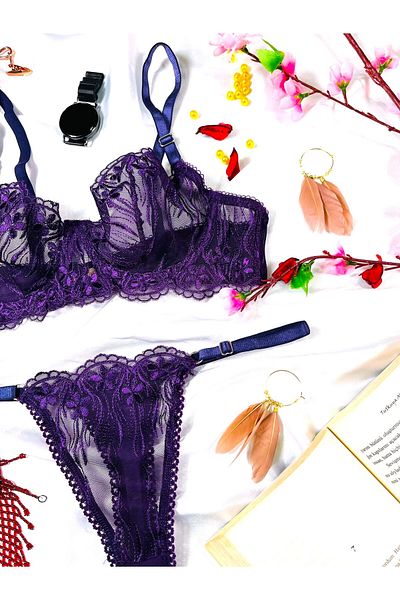 mendoza store Set sutien cu tanga brodat pentru femei de culoare violet