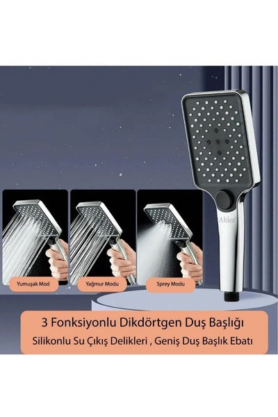 Genel Markalar Kare 3 Fonksiyonlu Yüksek Basınçlı Ayarlanabilir Duş Başlığı